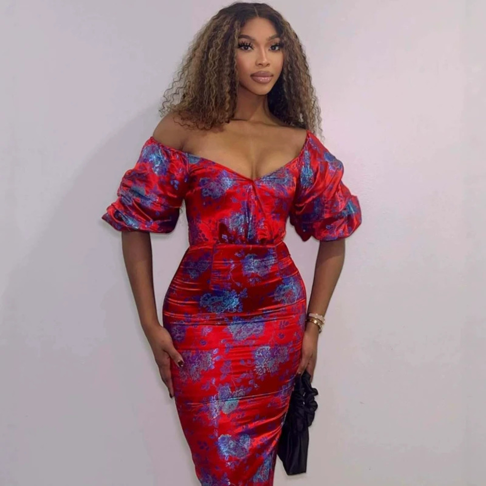 ZARA African Sexy Deep V Neck Print Bodycon Dress Party Gown